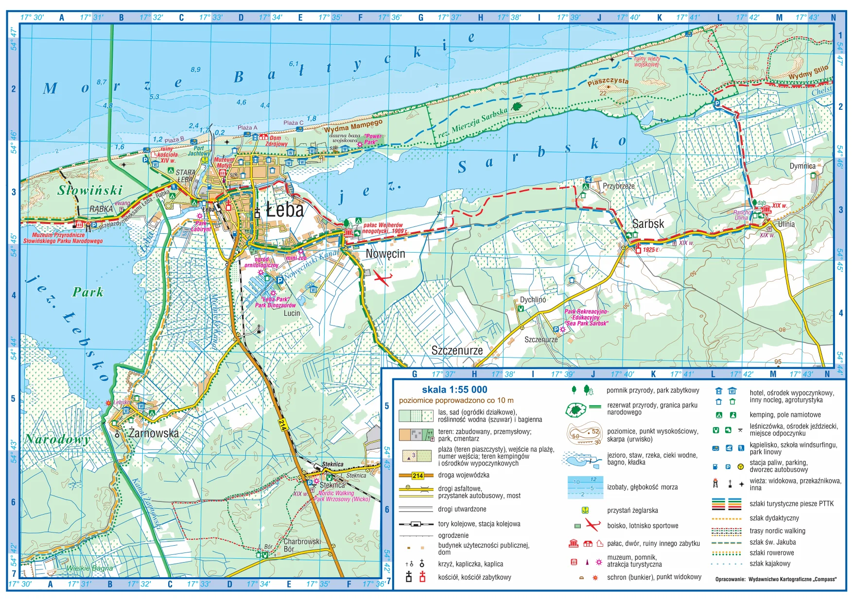 Mapa Łeby + jezioro Łebsko + ujście rzeki Łeby do Bałtyku