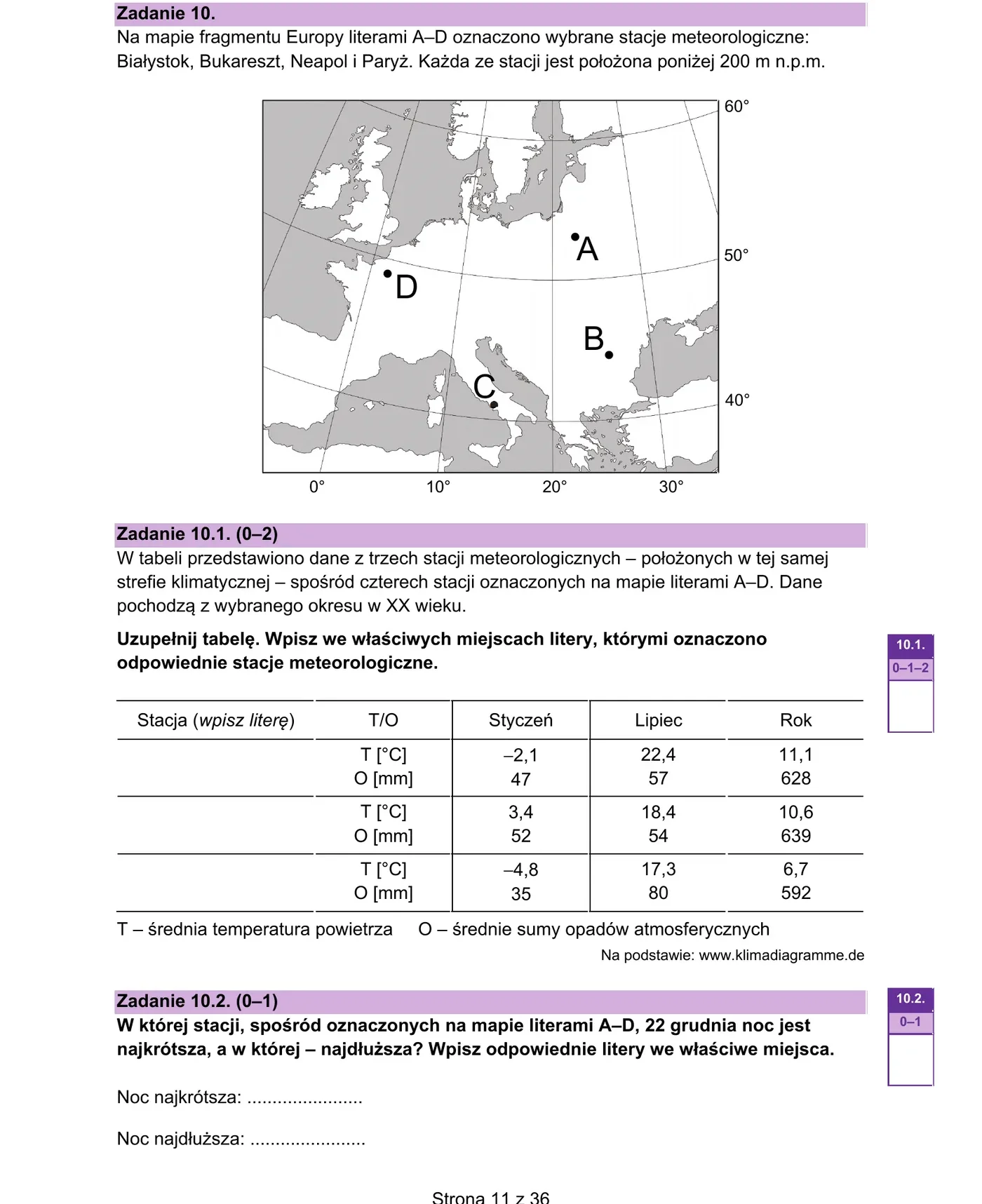Mapa Europy z 4 stacjami meteorologicznymi A–D + tabela klimatologiczna