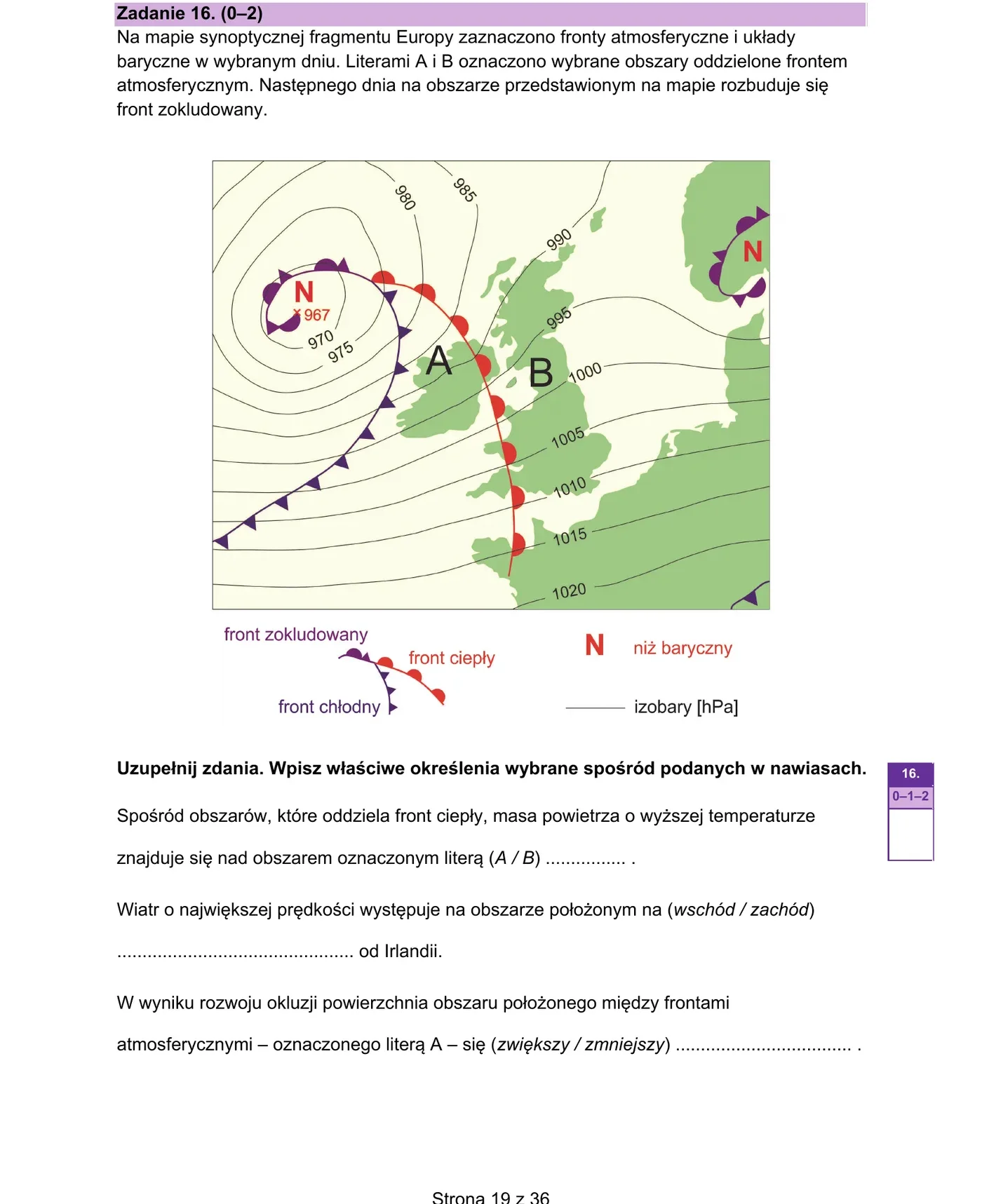 Mapa synoptyczna Wielka Brytania i Irlandia z frontami i niżami barycznymi