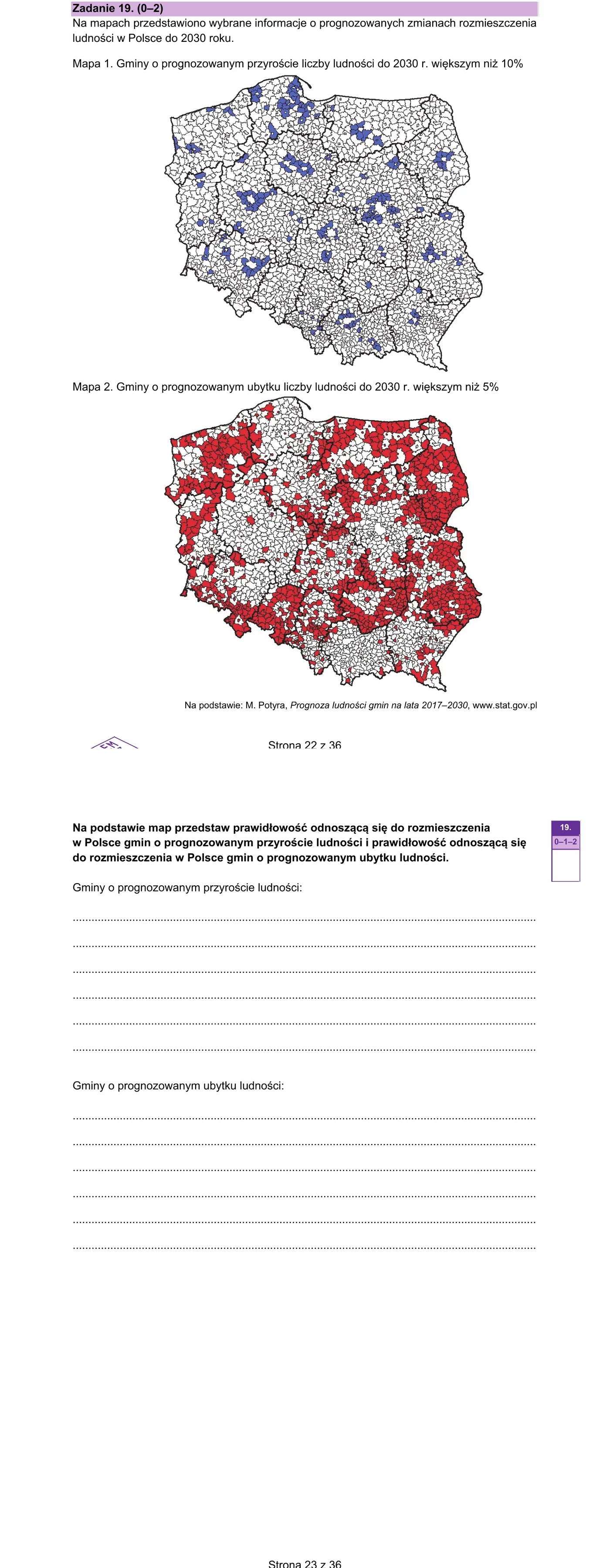 Dwie mapy Polski: gminy z prognozowanym przyrostem > 10% i z ubytkiem > 5% do 2030 r.