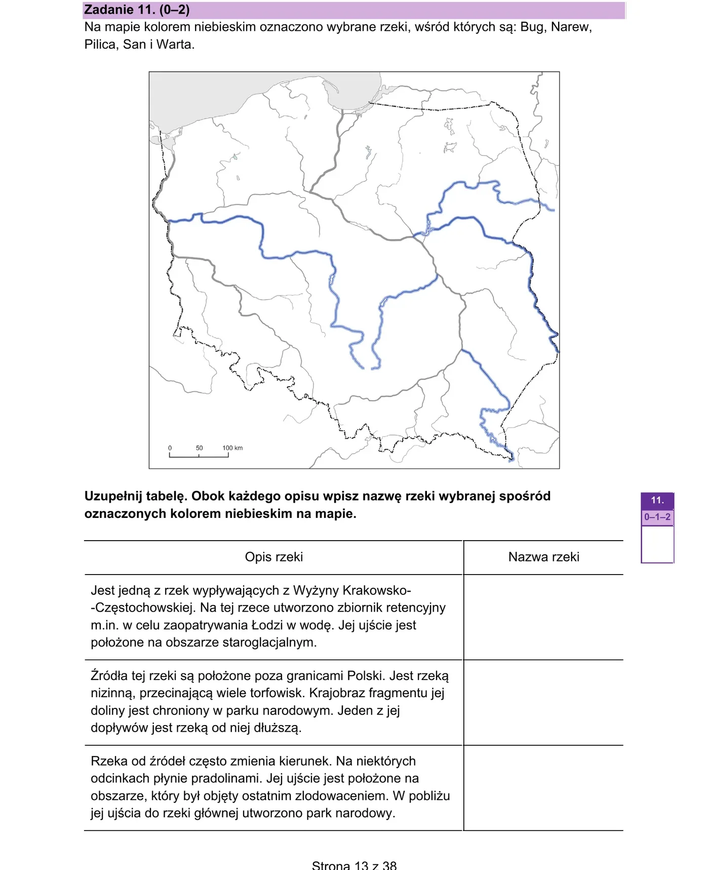Mapa Polski z 3 niebieskimi rzekami: Pilica, Narew, Warta