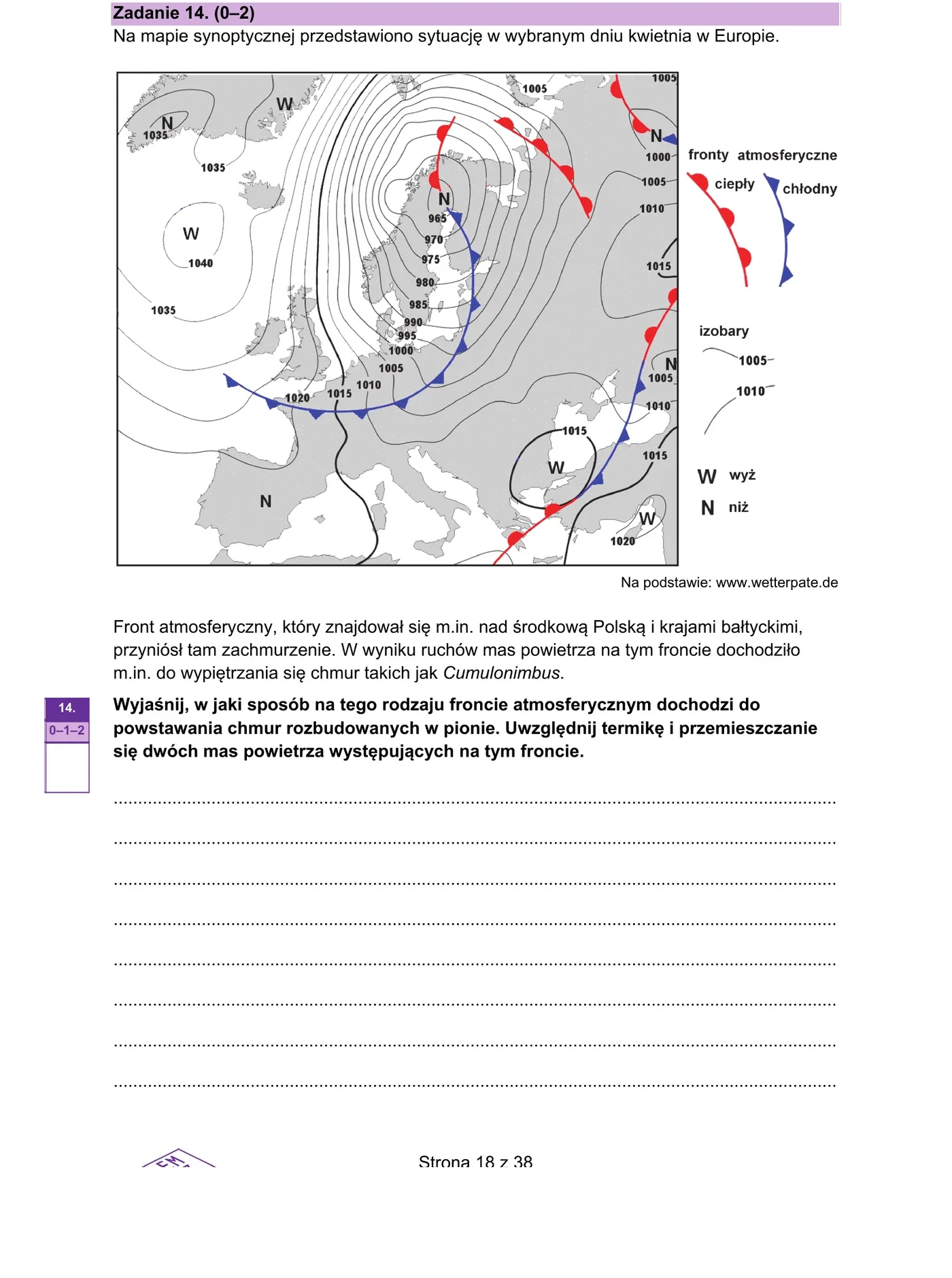 Mapa synoptyczna Europy: niże baryczne (N) nad środkową Polską, fronty atmosferyczne ciepłe i chłodne