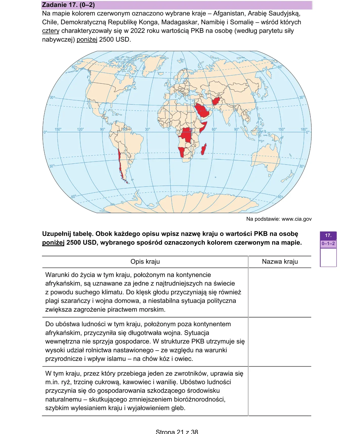 Mapa świata z 4 czerwonymi krajami Afryki (DR Konga, Madagaskar, Somalia) + Afganistan