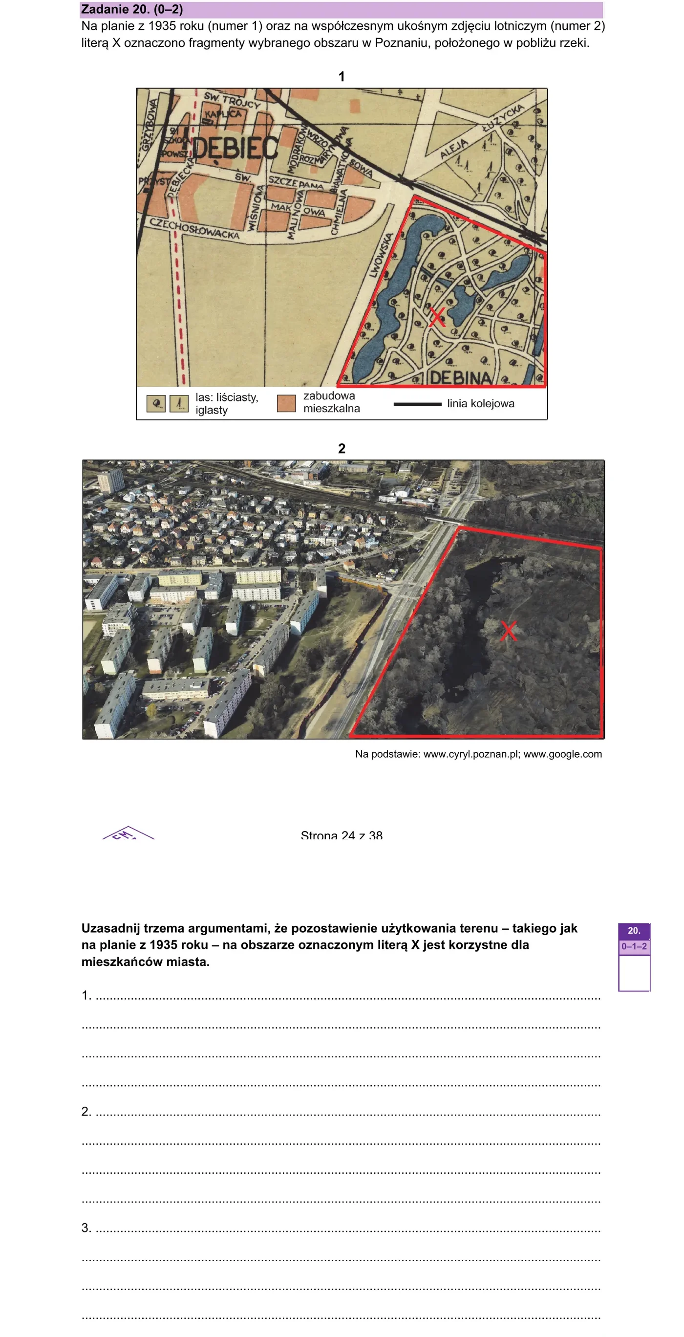 Plan Poznania 1935 z lasem liściastym/iglastym X w dzielnicy Dębiec + współczesne zdjęcie lotnicze tej samej okolicy