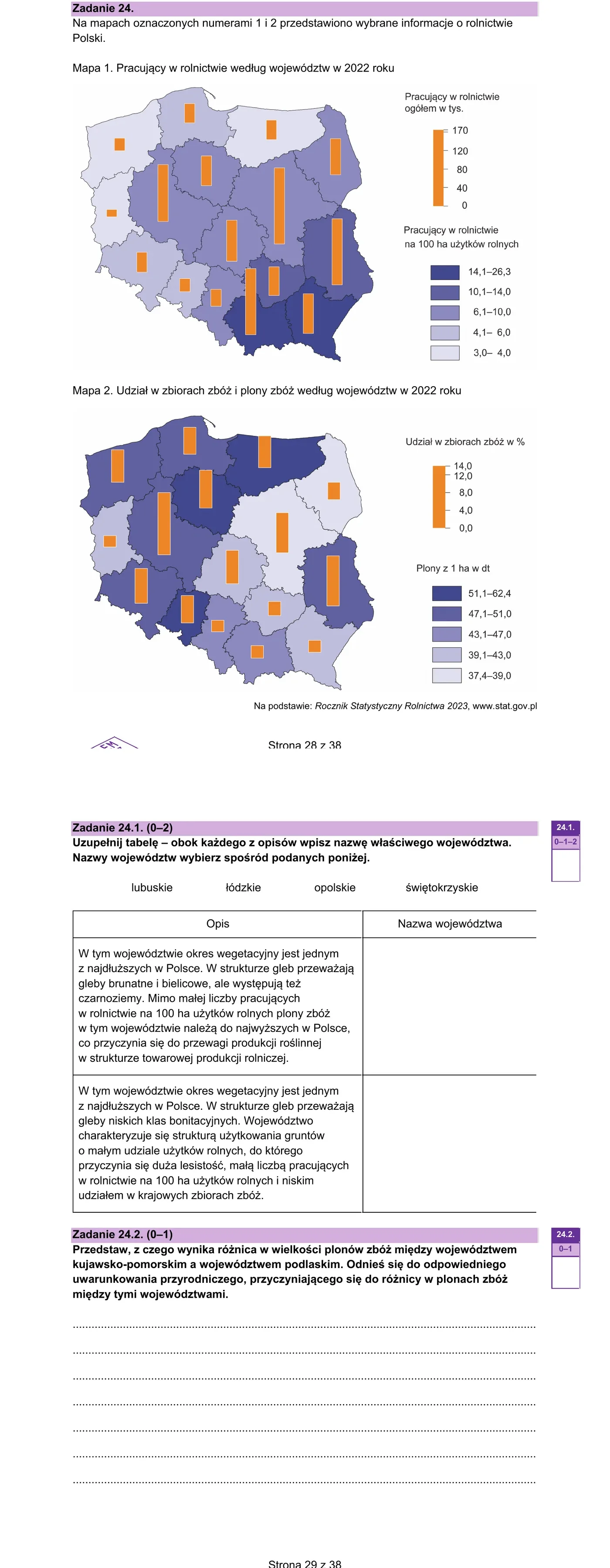 Dwie mapy Polski: 1 — pracujący w rolnictwie 2022, 2 — udział w zbiorach zbóż i plony 2022