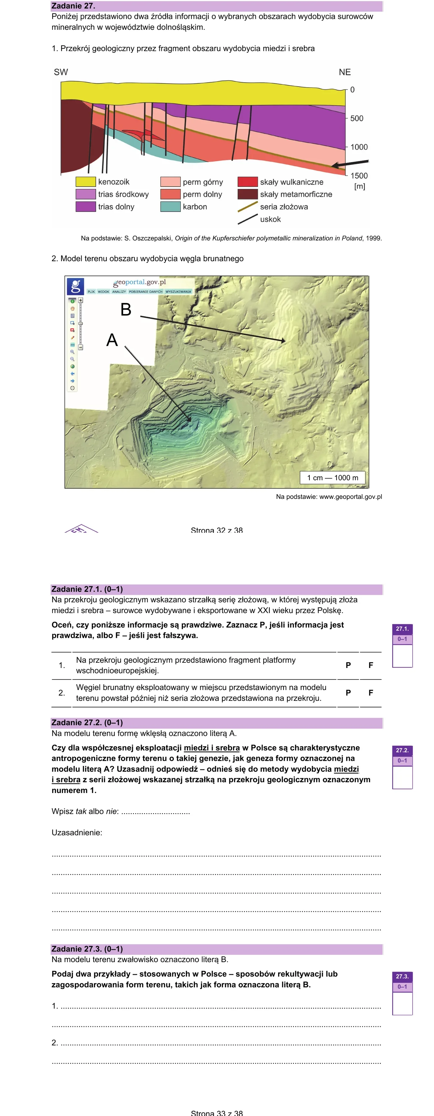 Przekrój geologiczny (miedz, srebro, perm) + model terenu z odkrywką węgla brunatnego (formy A wklęsła i B wypukła)