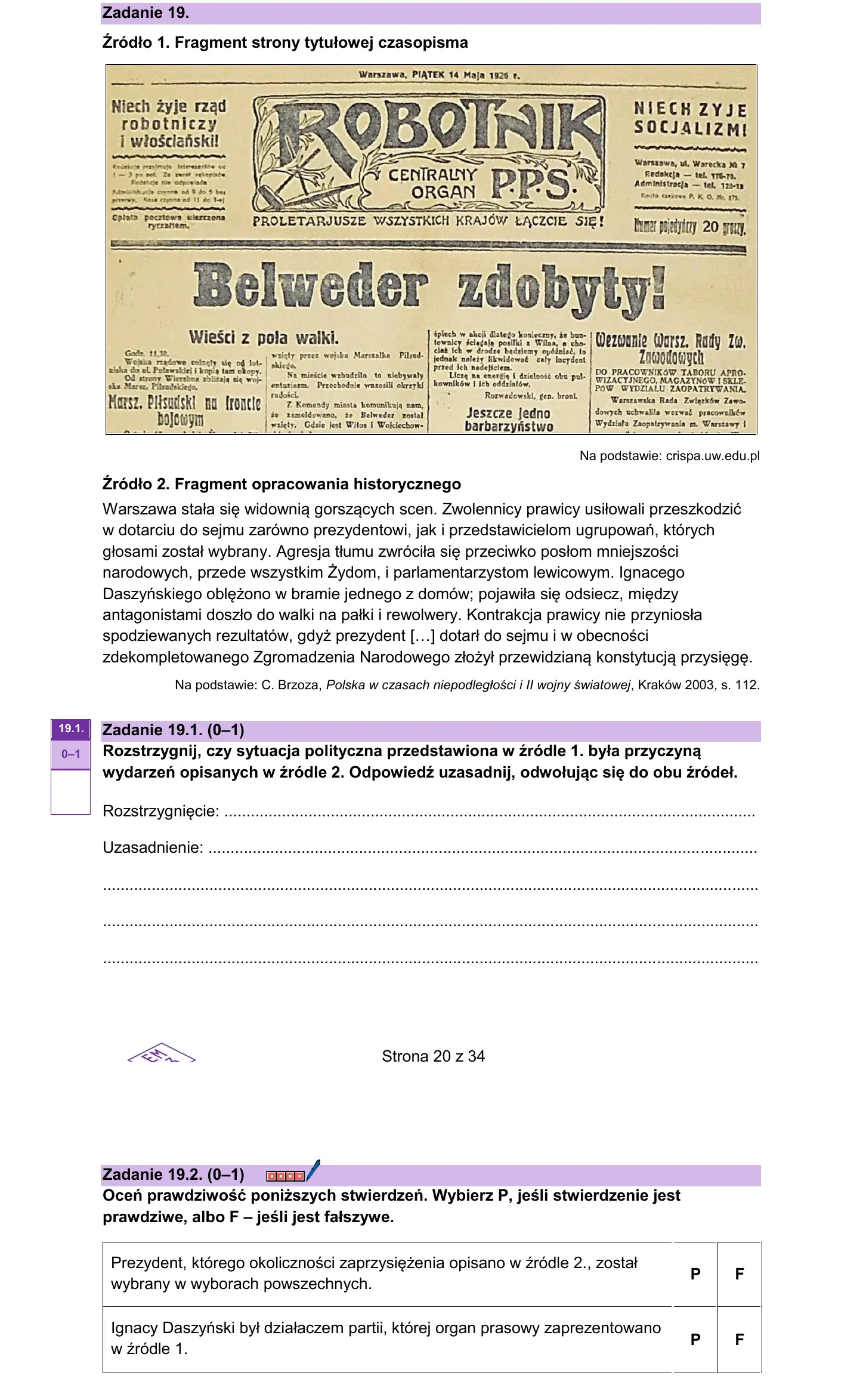 Zadanie 19 — historia 2026, poziom rozszerzony, arkusz CKE