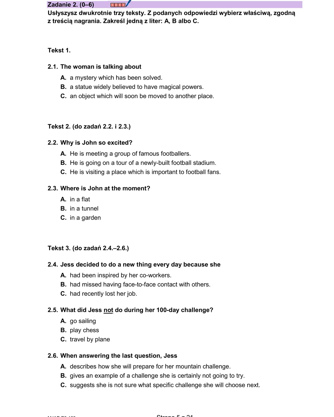 Zadanie 2 - listening multiple choice, strona 5