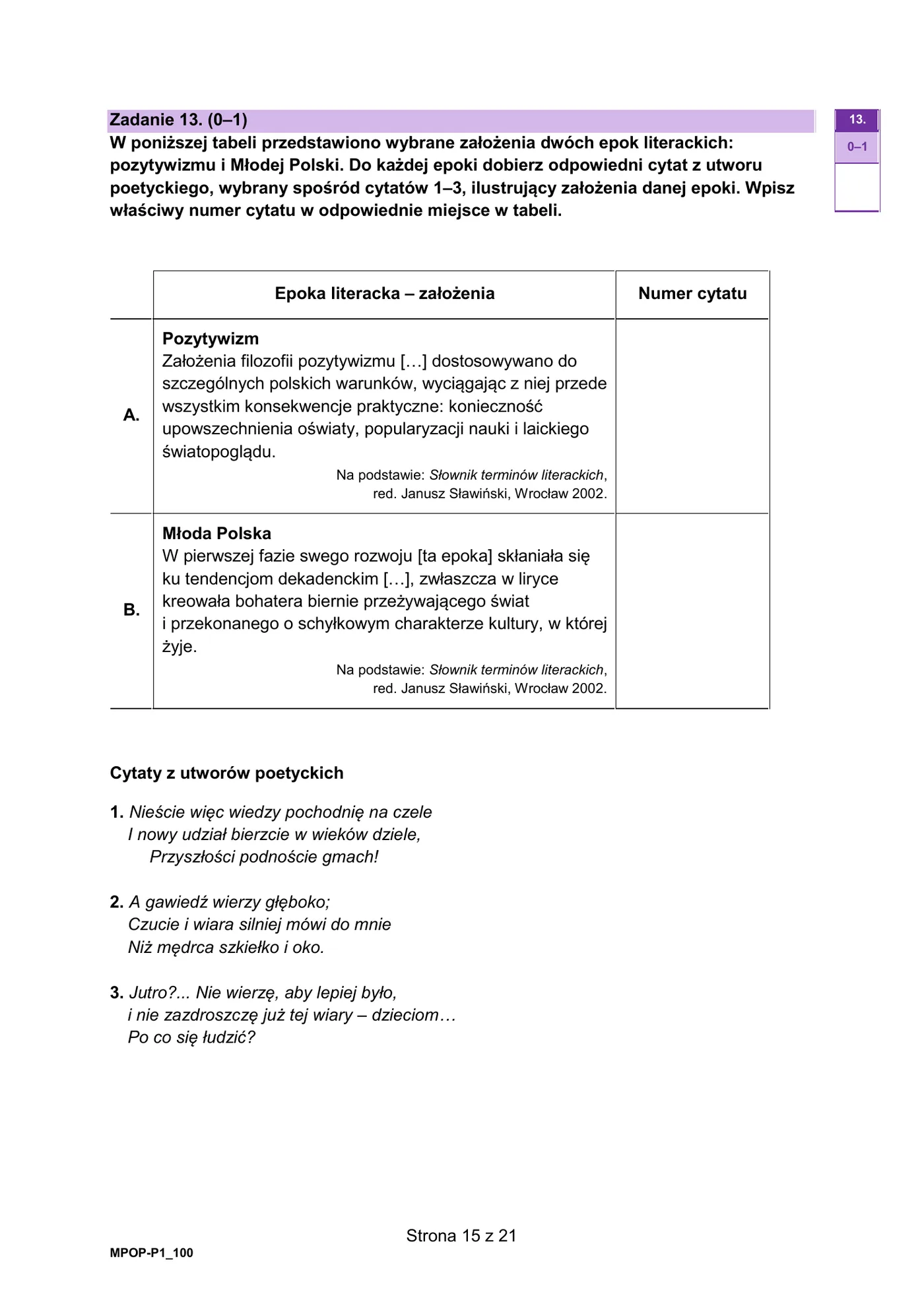 Tabela zalozen epok (pozytywizm, Mloda Polska) oraz cytaty 1-3 z utworow poetyckich