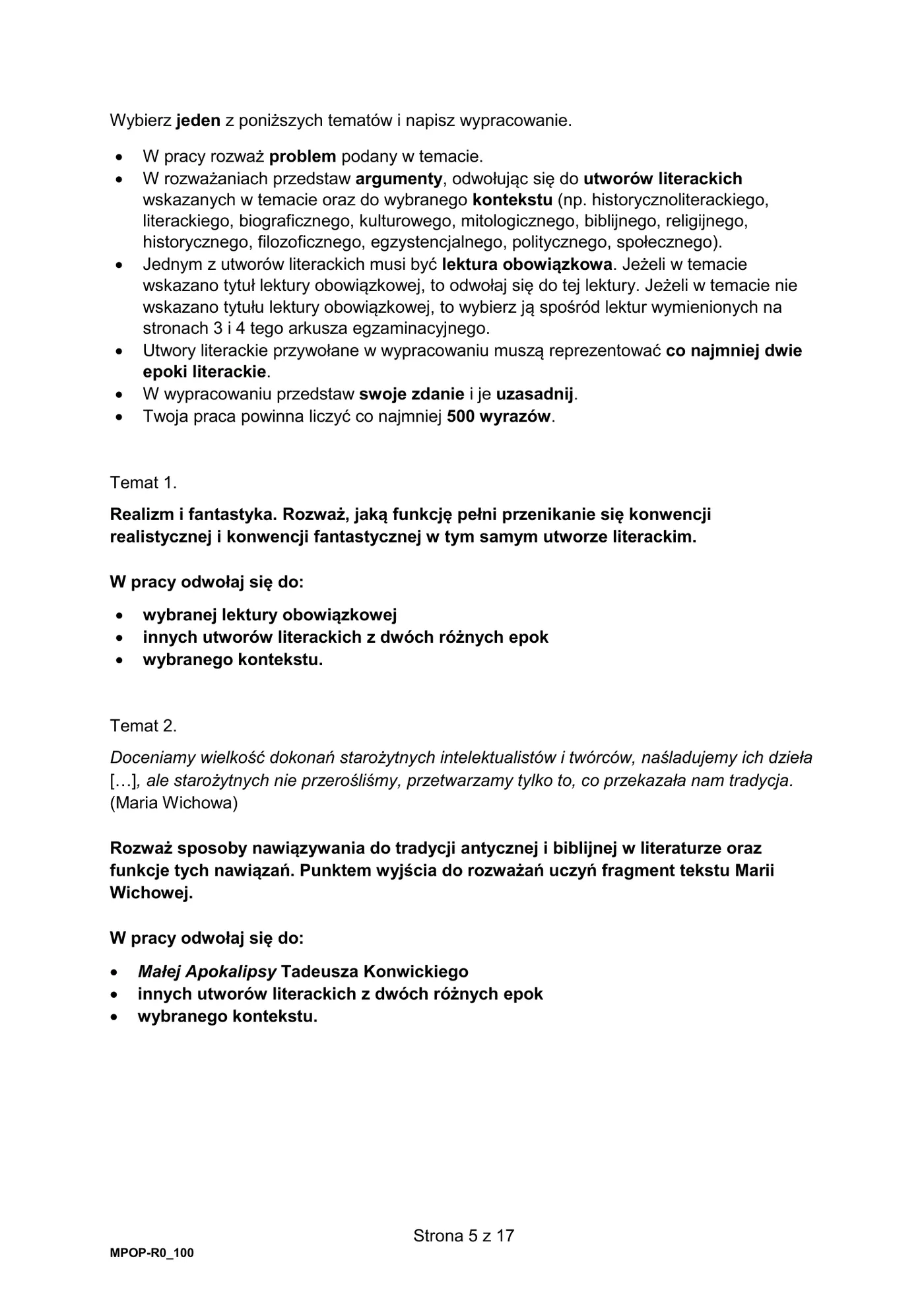 Tematy wypracowania - strona 5 arkusza CKE