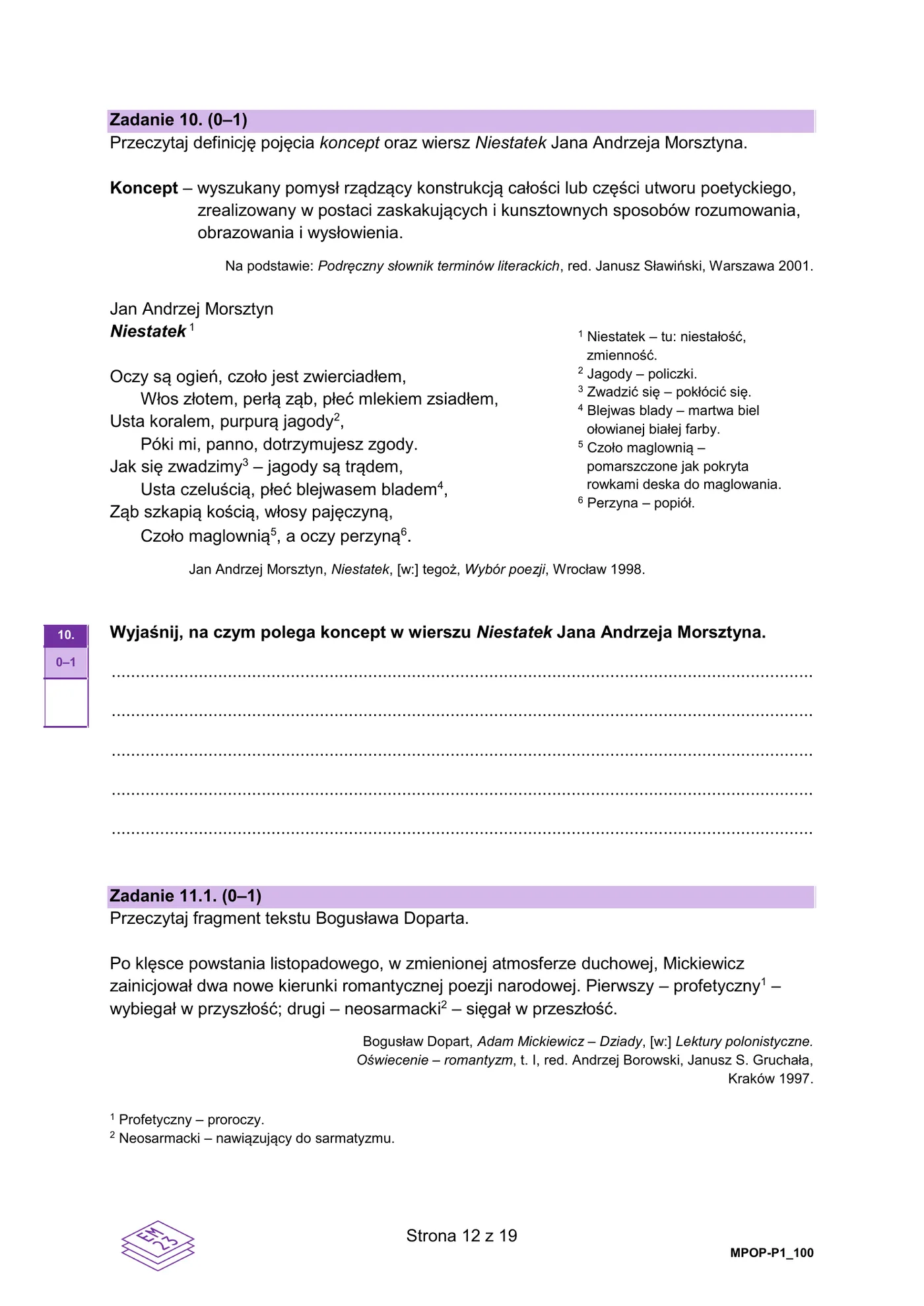 Fragment tekstu Bogusława Doparta o dwóch kierunkach poezji Mickiewicza (do zad. 11.1)