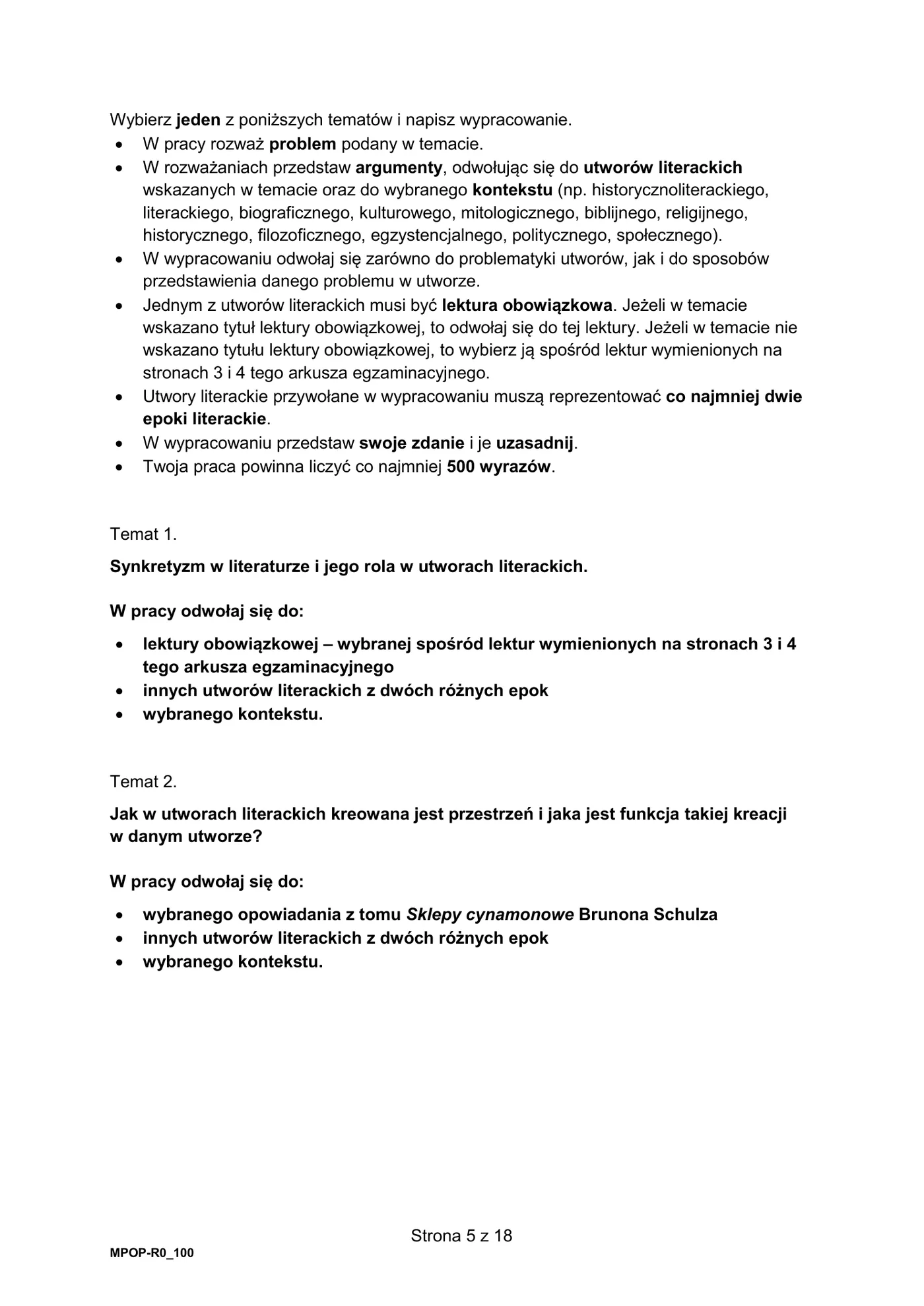 Tematy wypracowania - strona 5 arkusza CKE