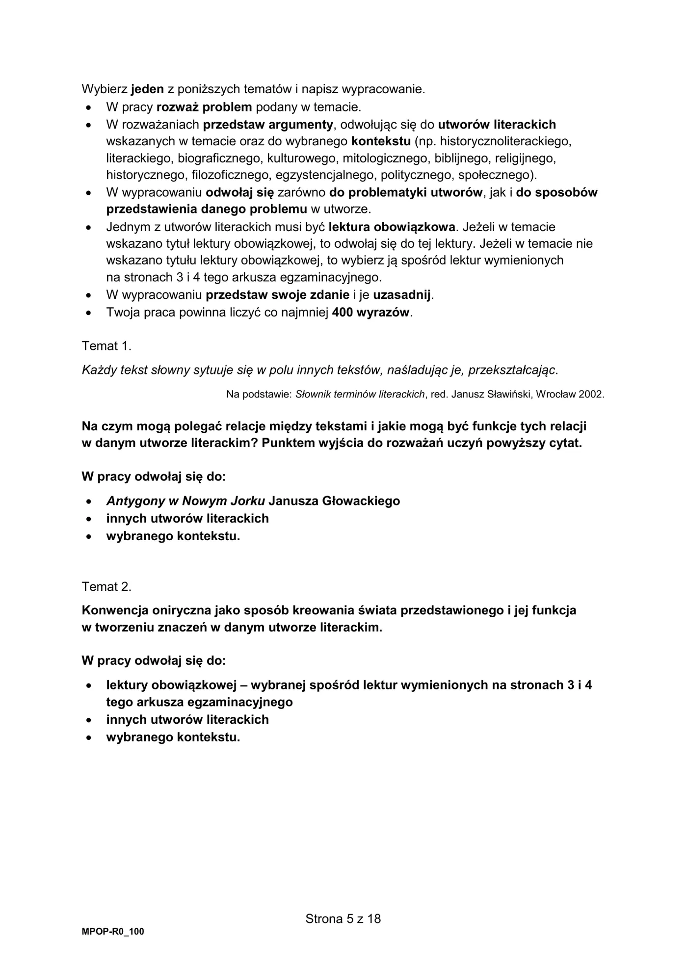 Tematy wypracowania - strona 5 arkusza CKE