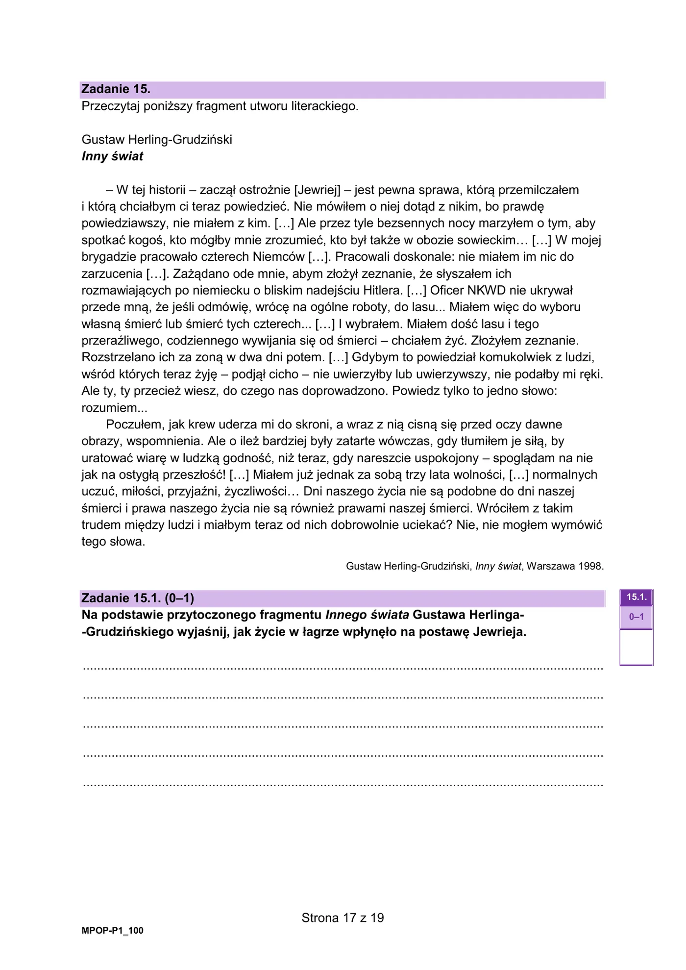 Fragment "Innego świata" Gustawa Herlinga-Grudzińskiego