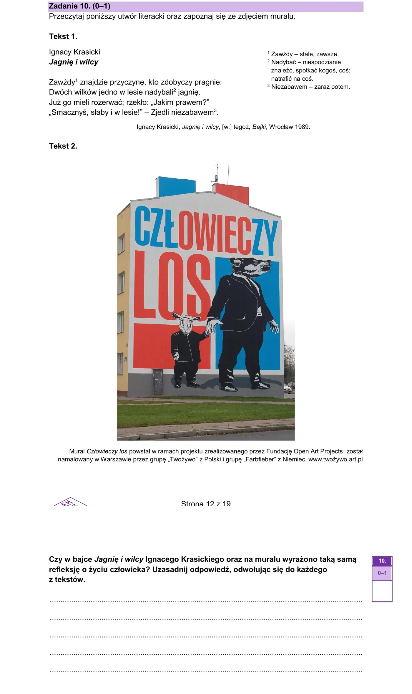 Zadanie 10 - bajka Krasickiego i mural Człowieczy los