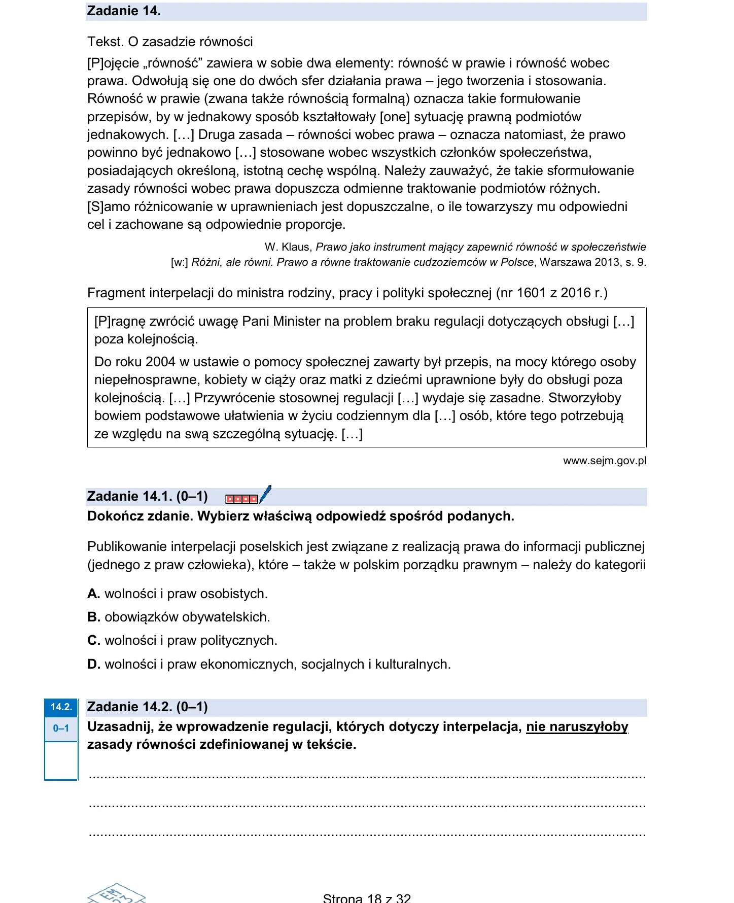 Zadanie 14 — WOS 2026, poziom rozszerzony, arkusz CKE