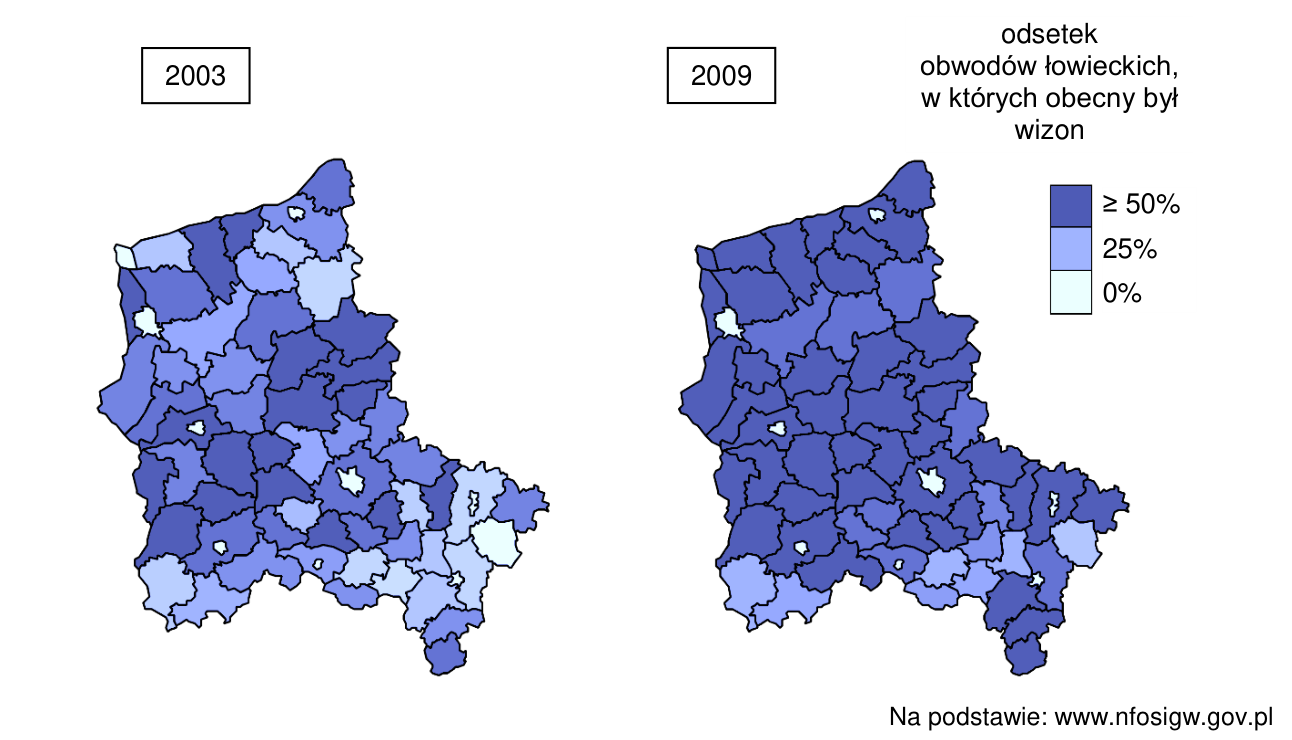 Mapy północno-zachodniej Polski z lat 2003 i 2009: odsetek obwodów łowieckich w powiatach, w których odnotowano obecność wizona (0%, 25%, ≥ 50%).