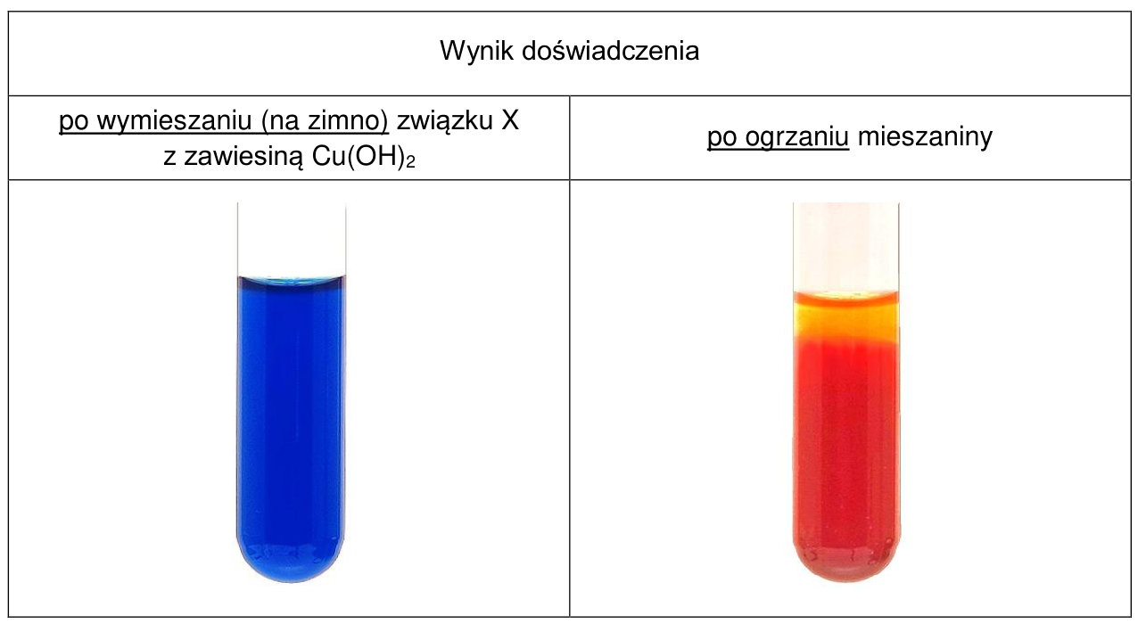 Zdjęcia wyniku doświadczenia ze związkiem X: po wymieszaniu na zimno z zawiesiną Cu(OH)₂ i po ogrzaniu mieszaniny.