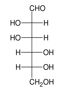Wzór D-mannozy w projekcji Fischera (łańcuch od grupy CHO do grupy CH₂OH z układem grup –OH i atomów H).