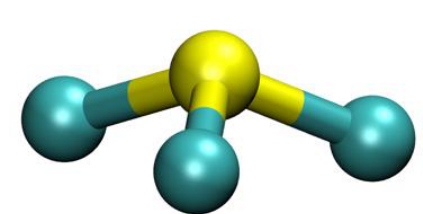 Model cząsteczki zbudowanej z atomu centralnego związanego z trzema podstawnikami, ilustrujący kształt dla liczby przestrzennej Lp = 4.
