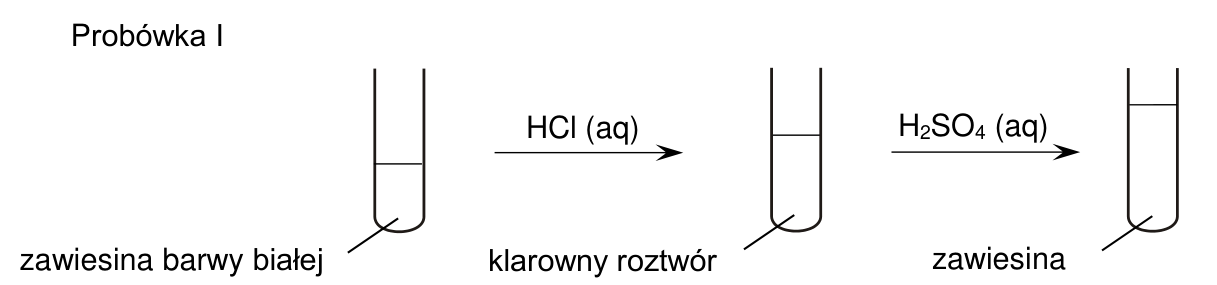 Schemat doświadczenia z probówką I: zawiesina barwy białej, po dodaniu HCl(aq) klarowny roztwór, a po dodaniu H₂SO₄(aq) zawiesina.