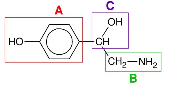 Wzór oktopaminy z zaznaczonymi fragmentami struktury: A — pierścień z grupą hydroksylową, B — grupa –CH₂–NH₂, C — grupa –OH przy atomie węgla łańcucha.