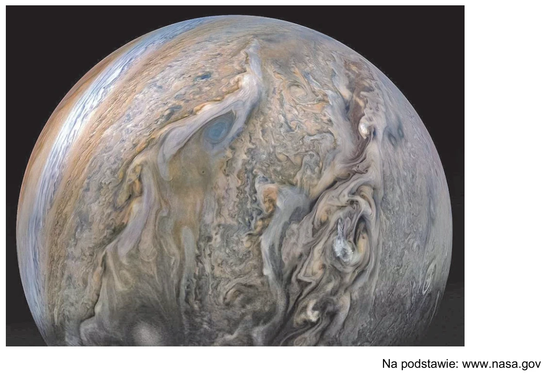 Fotografia jednej z zewnętrznych planet Układu Słonecznego z widocznymi pasami i wirami chmur w atmosferze.