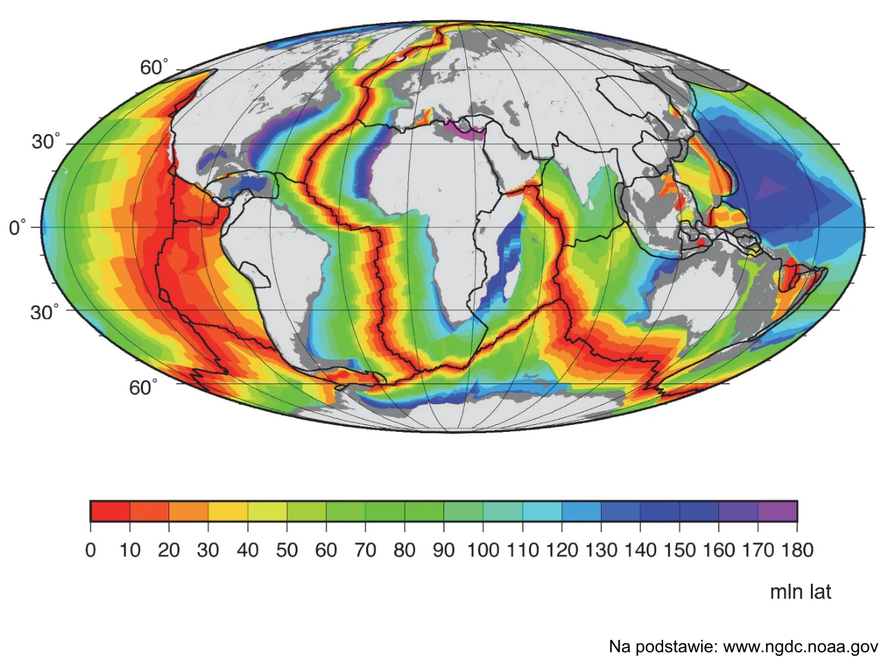Mapa świata przedstawiająca wiek skał bazaltowych dna oceanów w milionach lat, z barwną skalą od 0 do 180 mln lat.