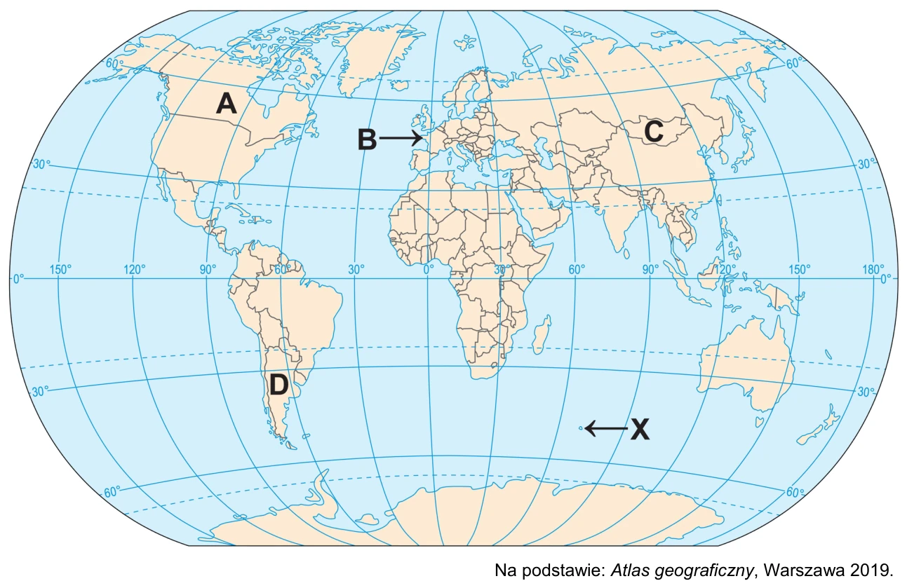 Mapa świata z oznaczonymi literami A–D wybranymi państwami oraz literą X wyspą na Oceanie Indyjskim.