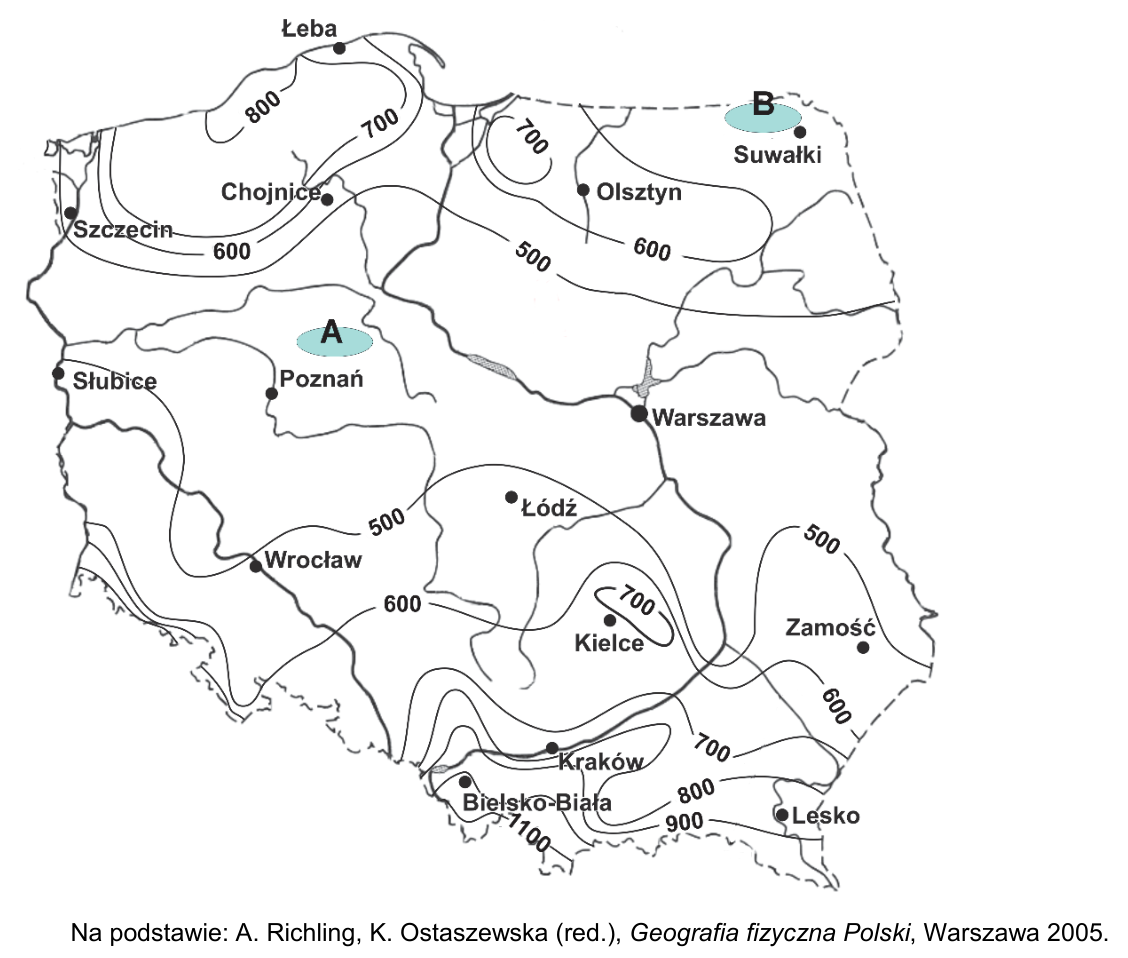 Mapa Polski z izohietami rocznych sum opadów atmosferycznych w mm; literami A i B oznaczono wybrane obszary.