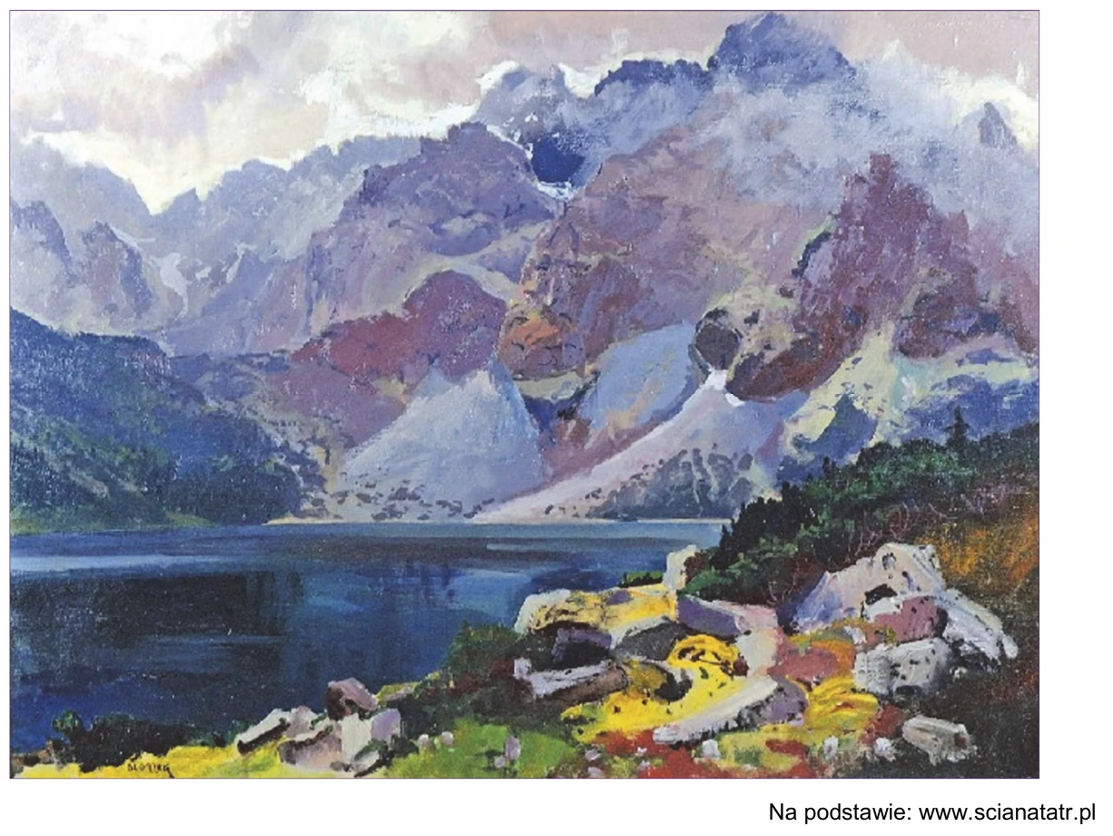 Reprodukcja obrazu Stanisława Gałka „Morskie Oko” przedstawiającego jezioro otoczone szczytami Tatr Wysokich.