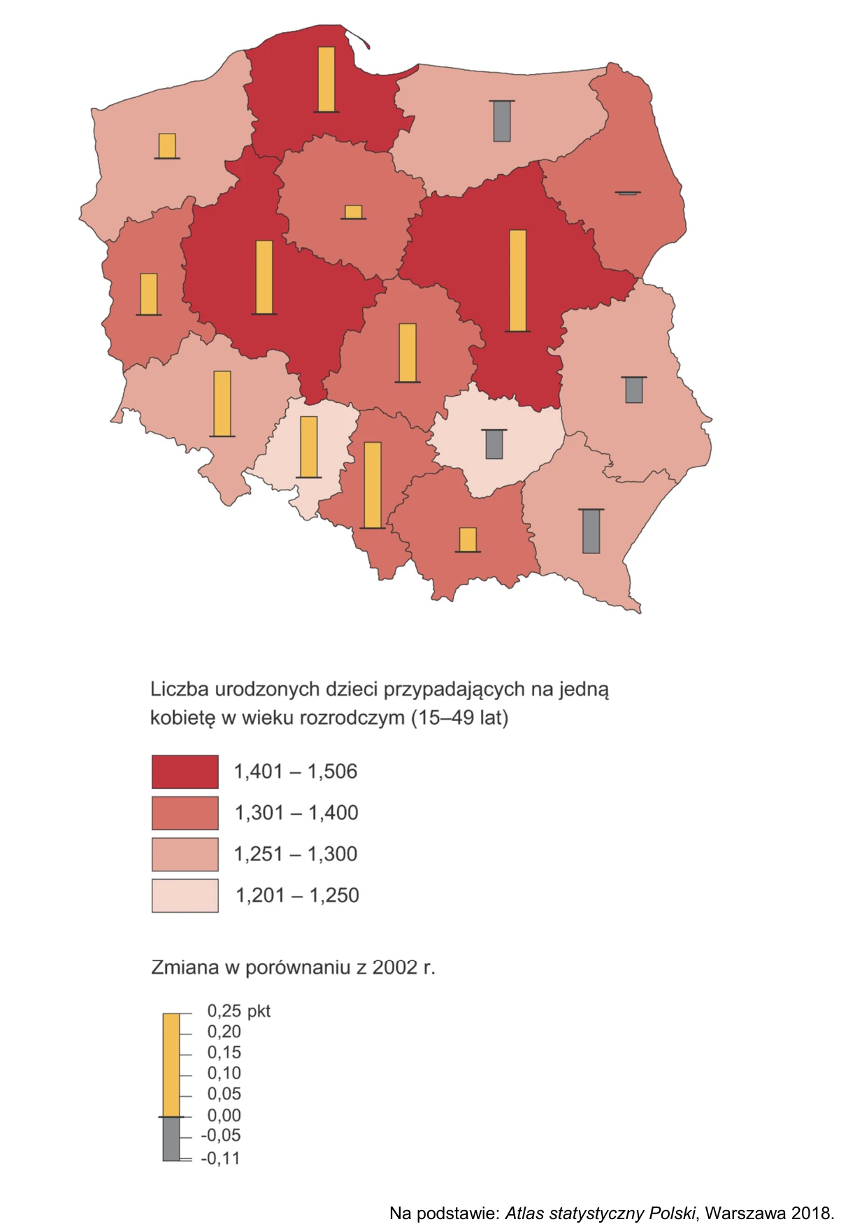 Mapa Polski z wartością współczynnika dzietności według województw w 2016 roku i jego zmianą w porównaniu z rokiem 2002.