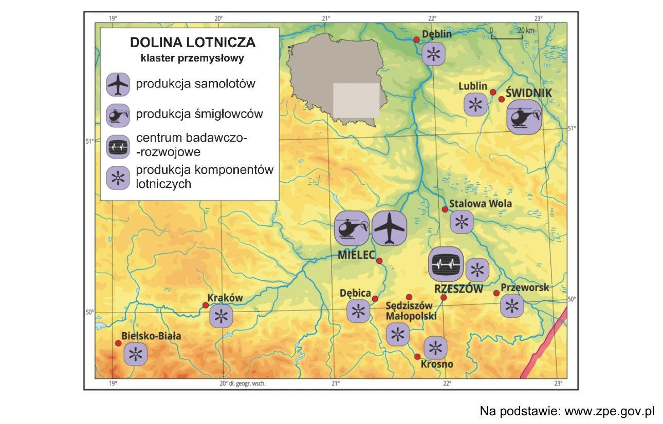 Mapa rozmieszczenia wybranych przedsiębiorstw klastra „Dolina Lotnicza” w południowo-wschodniej Polsce, z legendą rodzajów produkcji.