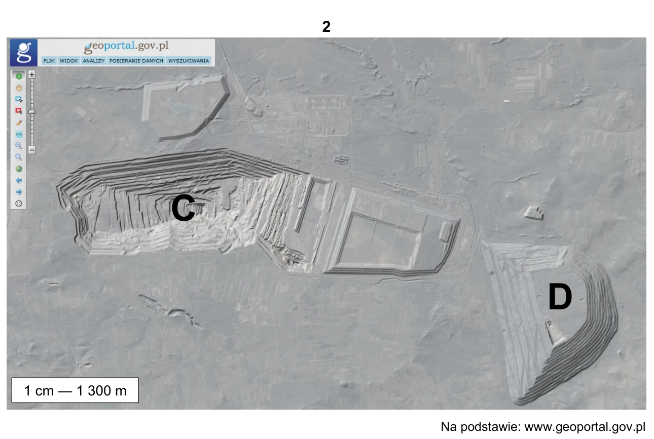 Relief 2: fragment południowej części województwa łódzkiego przekształcony przez wydobycie węgla brunatnego, z formami C i D, skala 1 cm — 1300 m.