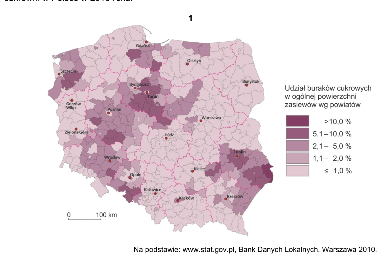 Mapa 1: udział buraków cukrowych w ogólnej powierzchni zasiewów według powiatów w Polsce, w pięciu klasach procentowych.
