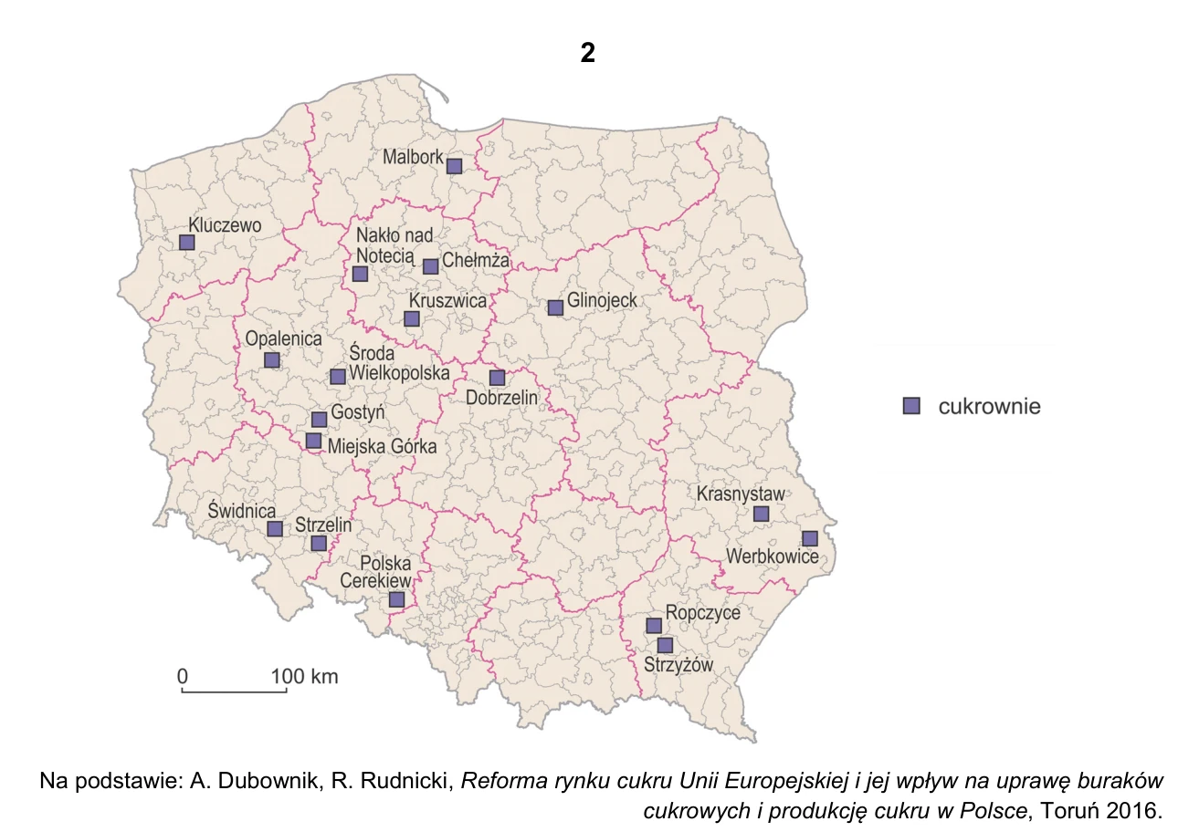 Mapa 2: lokalizacja cukrowni w Polsce w 2010 roku, na tle granic województw i powiatów.