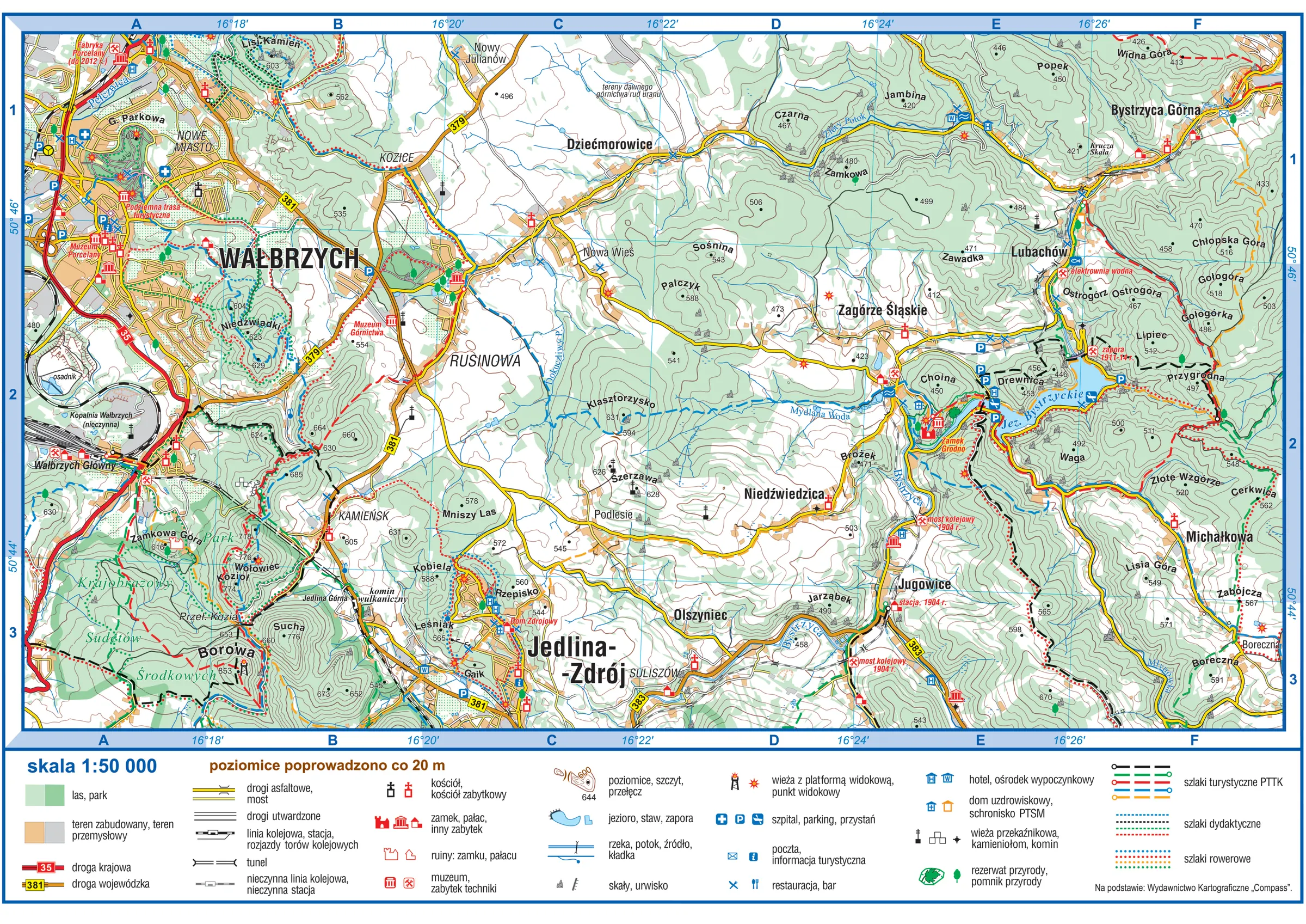 Mapa szczegółowa fragmentu Sudetów w okolicach Wałbrzycha z doliną Bystrzycy, z polami siatki oznaczonymi literami i cyframi.