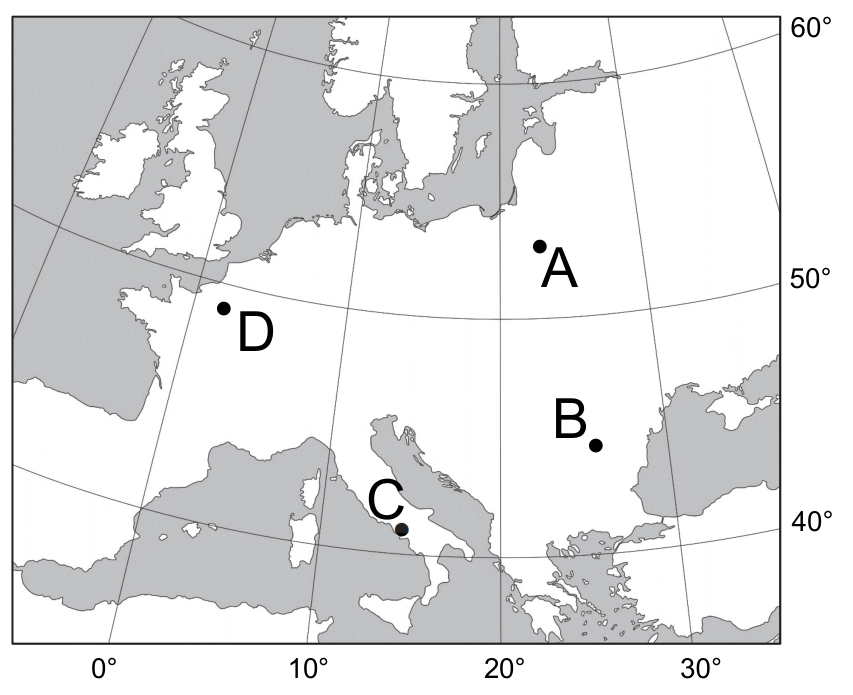 Mapa fragmentu Europy z siatką geograficzną; literami A–D oznaczono stacje meteorologiczne Białystok, Bukareszt, Neapol i Paryż.
