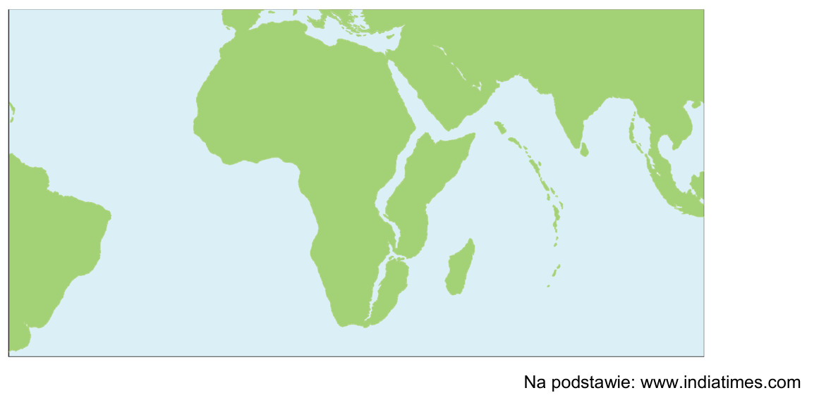 Mapa przedstawiająca przewidywany zarys kontynentu afrykańskiego za około 10 milionów lat.