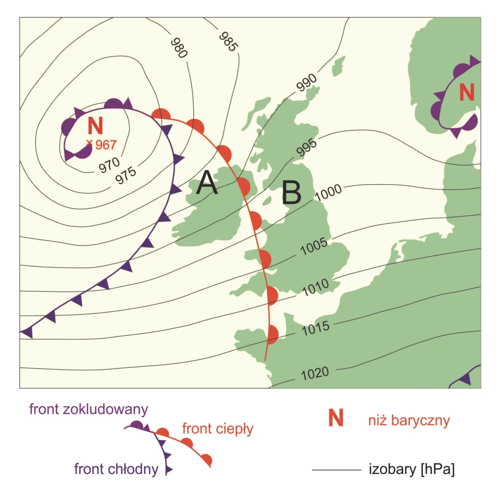 Mapa synoptyczna fragmentu Europy z niżami barycznymi, izobarami i frontami atmosferycznymi; literami A i B oznaczono obszary oddzielone frontem.