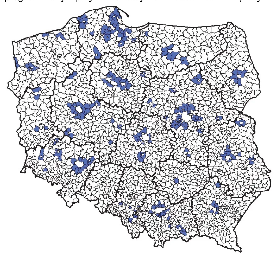 Mapa Polski z gminami o prognozowanym przyroście liczby ludności do 2030 roku większym niż 10%.