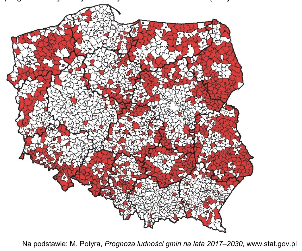 Mapa Polski z gminami o prognozowanym ubytku liczby ludności do 2030 roku większym niż 5%.
