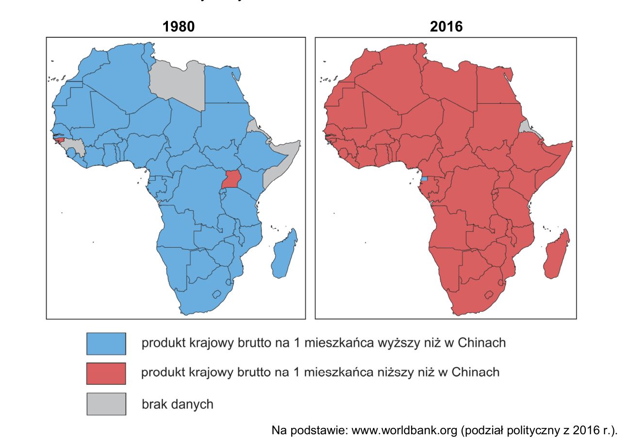 Dwie mapy Afryki (1980 i 2016) przedstawiające relację PKB na 1 mieszkańca w państwach Afryki do PKB na 1 mieszkańca w Chinach.