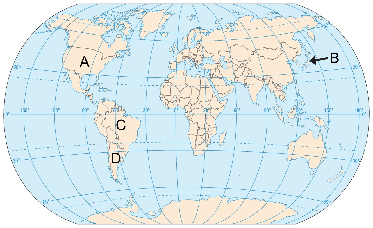 Mapa świata z siatką geograficzną, na której literami A–D oznaczono wybrane państwa.