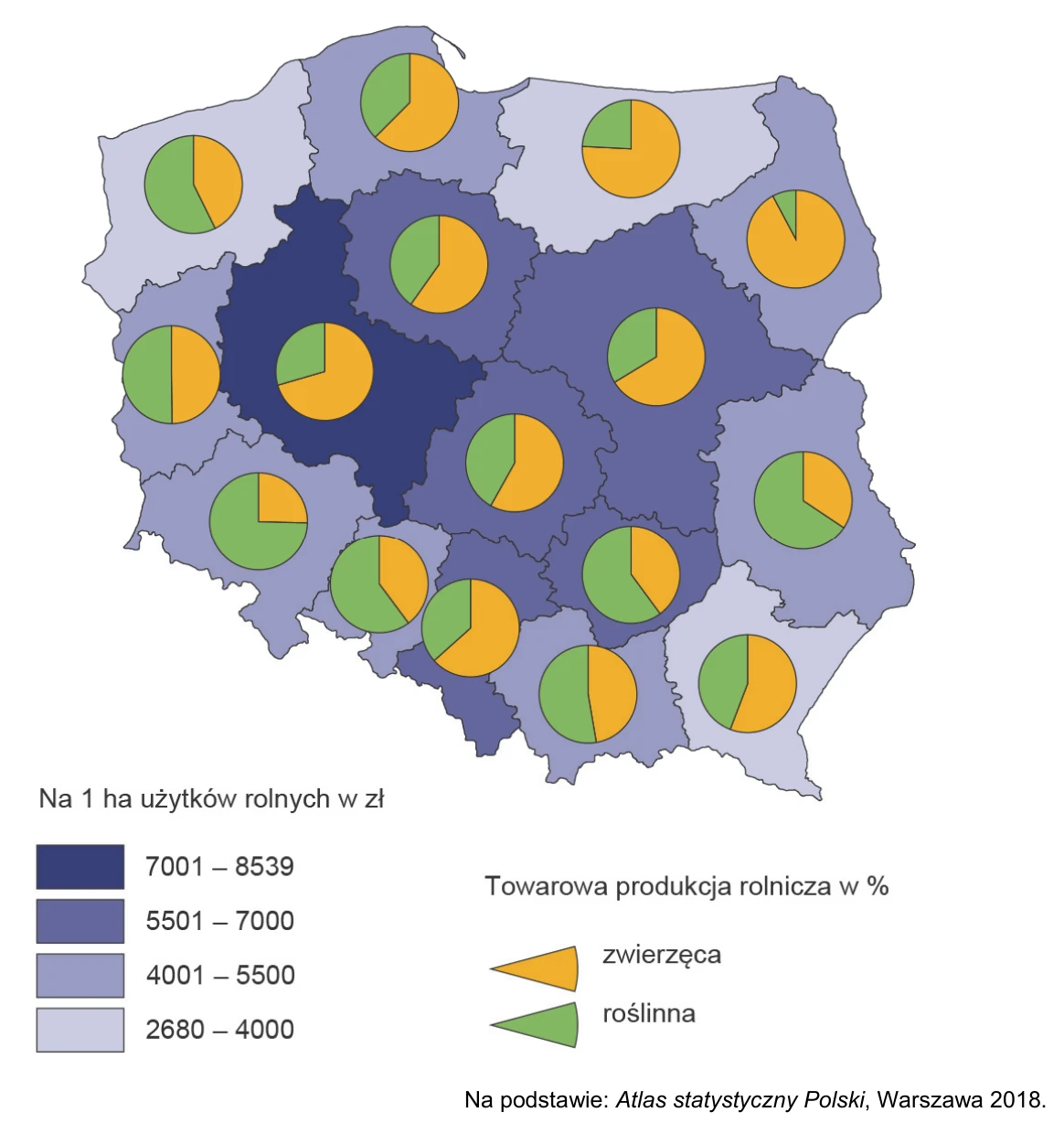 Mapa Polski z towarową produkcją rolniczą na 1 ha użytków rolnych według województw oraz udziałem produkcji zwierzęcej i roślinnej.