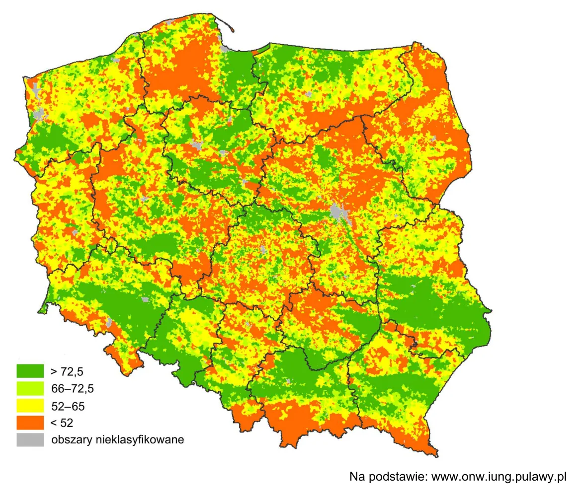 Mapa Polski z wartością wskaźnika waloryzacji warunków przyrodniczych dla rolnictwa w czterech klasach.