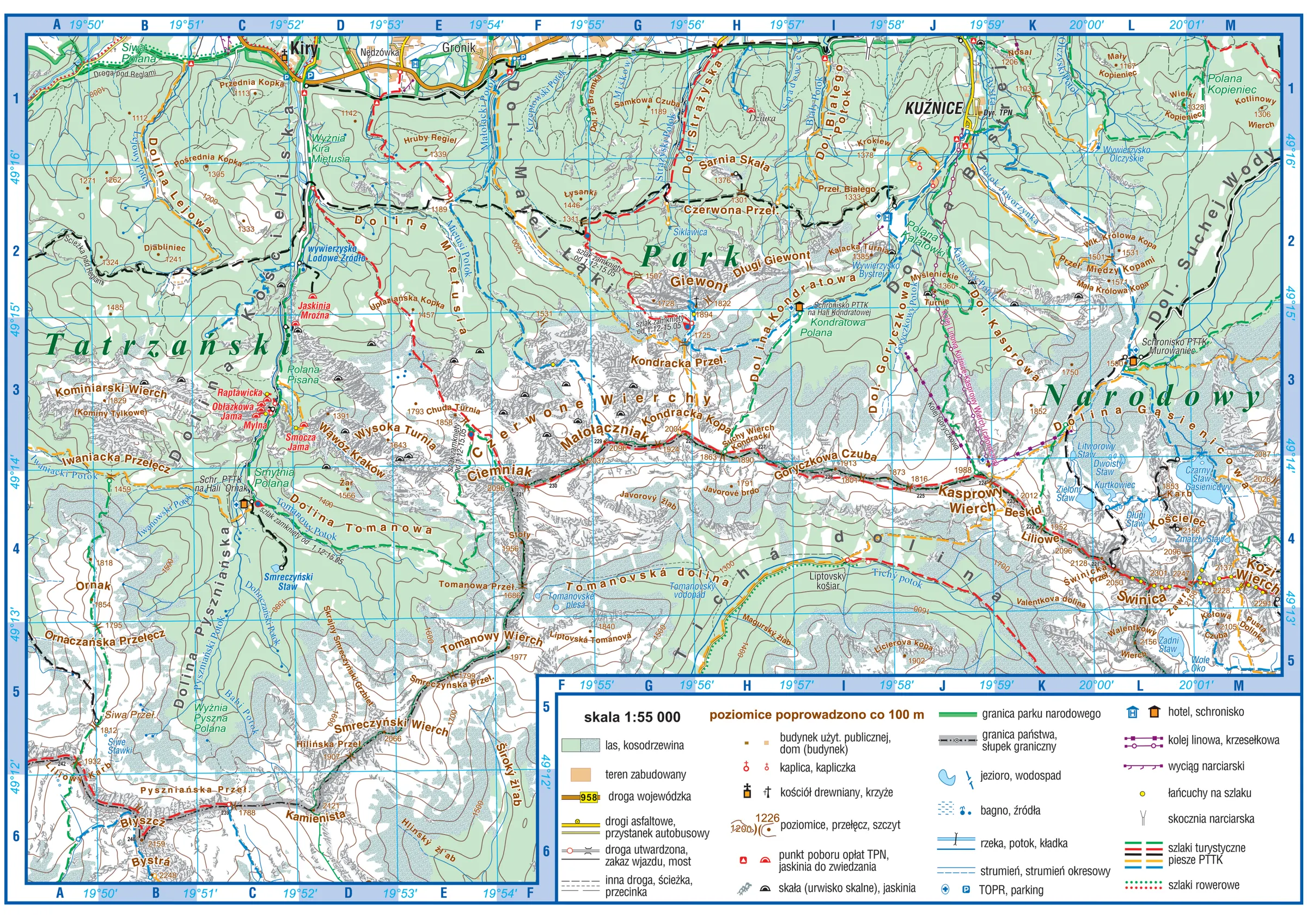 Mapa szczegółowa fragmentu Tatr, z polami siatki oznaczonymi literami i cyframi.