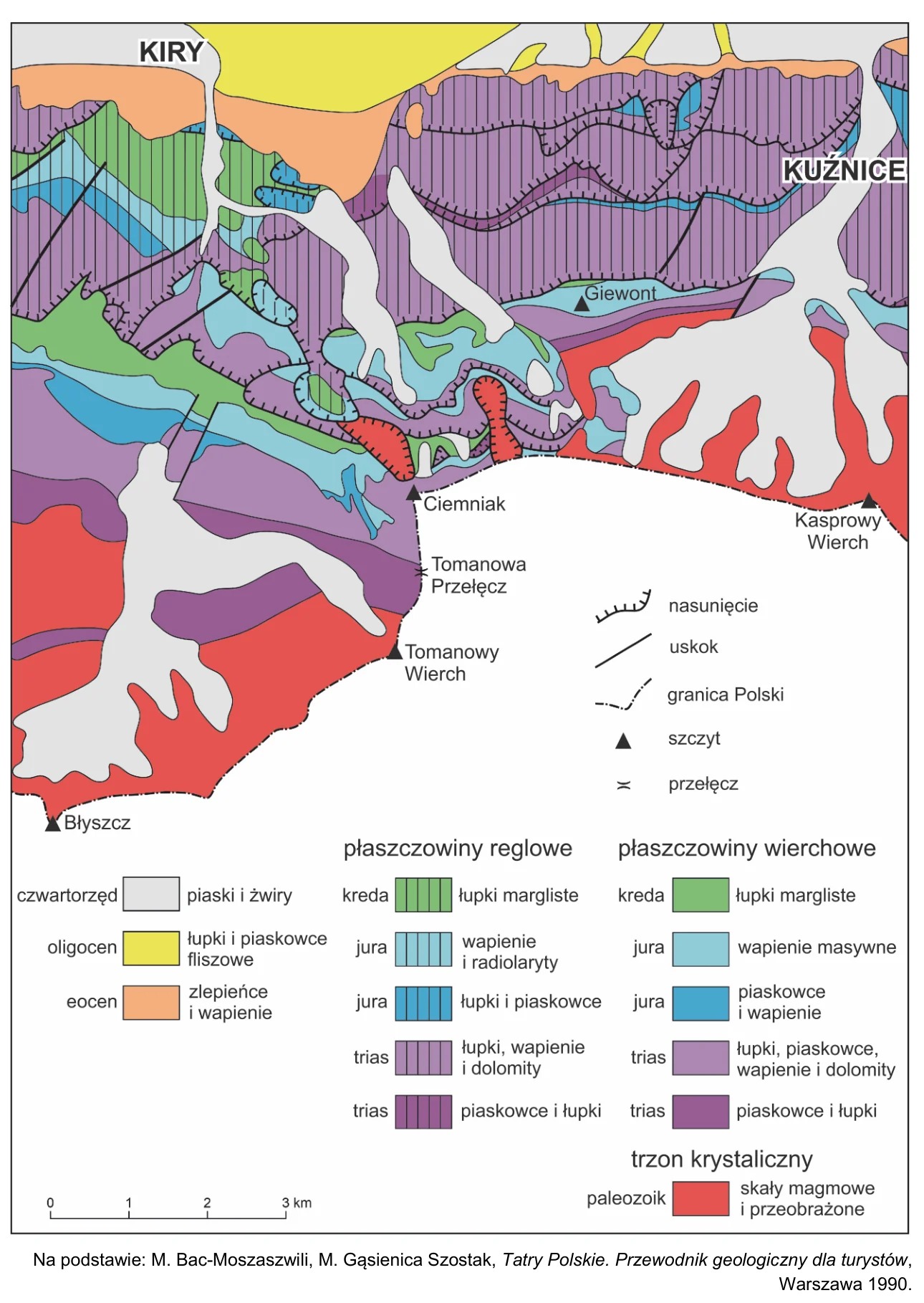 Mapa geologiczna polskiej części Tatr w zasięgu mapy szczegółowej, z płaszczowinami reglowymi i wierchowymi, trzonem krystalicznym, nasunięciami i uskokami.