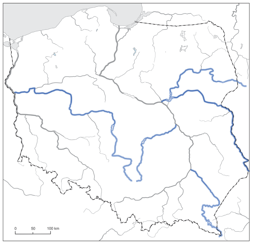 Mapa Polski z siecią rzeczną, na której kolorem niebieskim oznaczono wybrane rzeki.