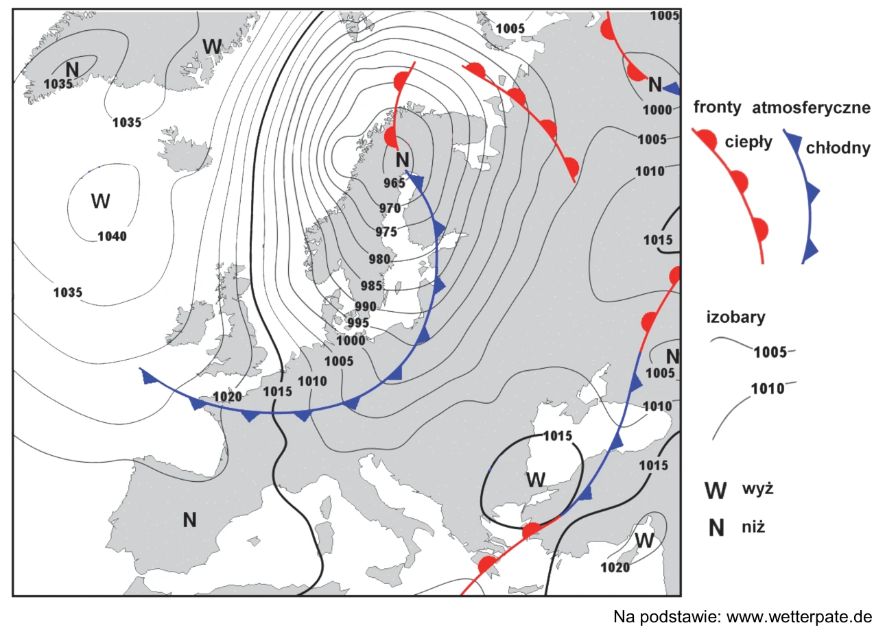 Mapa synoptyczna Europy w wybranym dniu kwietnia z niżami, wyżami, izobarami oraz frontami ciepłymi i chłodnymi.